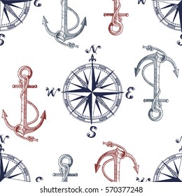Hand drawn vector pattern with anchors and compass. Perfect for textiles, wallpaper and prints.