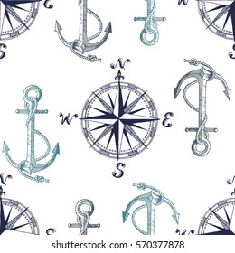 Hand drawn vector pattern with anchors and compass. Perfect for textiles, wallpaper and prints.