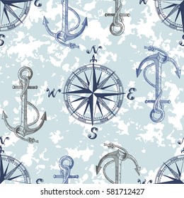 Hand drawn vector pattern with anchors and compass. Perfect for textiles, wallpaper and prints.