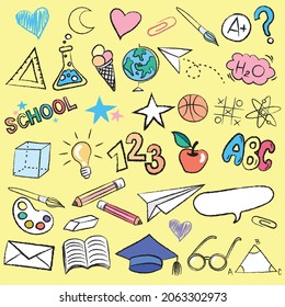 Hand drawn vector pattern background back to school with education doodle icon symbols. EPS10.