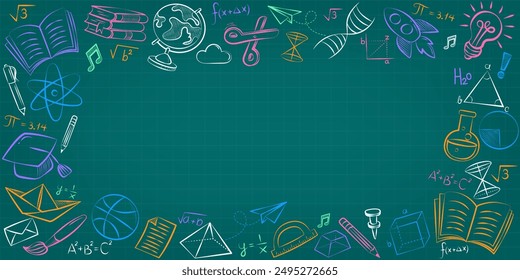 Handgezeichneter Hintergrund für Vektorgrafiken. Vektorgrafik Frame zurück zur Schule mit Bildung Doodle Icon-Symbole auf schwarzer Tafel. Fremdsprachenkurs für Home Online Training Study. EPS10