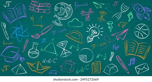 Hand drawn vector pattern background. Vector frame back to school with education doodle icon symbols on black chalkboard. Foreign language education course for home online training study. EPS10