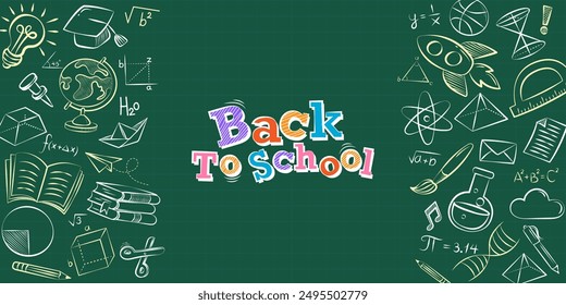 Hand drawn vector pattern background. Vector frame back to school with education doodle icon symbols on black chalkboard. Foreign language education course for home online training study. EPS10