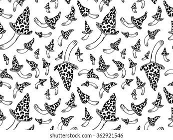 Hand drawn vector pattern. Background with mystical mushrooms. Creative black contour art work. Hand drawn illustration mushrooms
