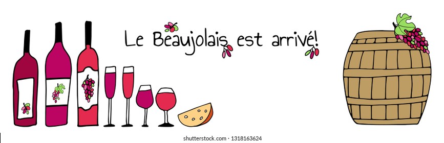 Hand drawn vector pattern with Barrel, cheese, wine glasses, bottles, grapes and bread. Wine party Beaujolais Nouveau event in France. Text Le Beaujolais est arrivе means the Beaujolais wine is coming