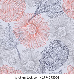 Hand drawn vector pattern. Blooming flowers. Plant seamless background. Floral design. Eps 10