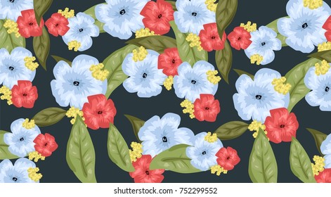 hand drawn vector pattern with bright flowers and leaves on pink background