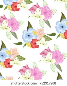 hand drawn vector pattern with bright flowers and leaves on pink background