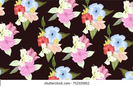 hand drawn vector pattern with bright flowers and leaves on pink background