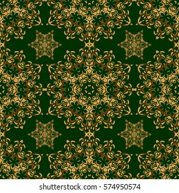 Hand drawn vector pattern for cards, invitation, wedding, wrapping paper. Seamless pattern of gold glitter stripes, zigzag chevron, wavy stripe, seamless texture golden lines on green.