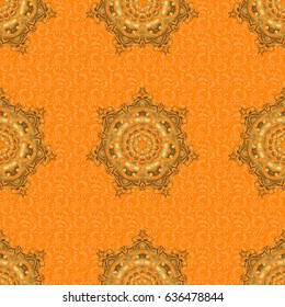 Hand drawn vector pattern for cards, invitation, wedding, wrapping paper. Seamless pattern of gold glitter stripes, zigzag chevron, wavy stripe, seamless texture golden lines on orange.