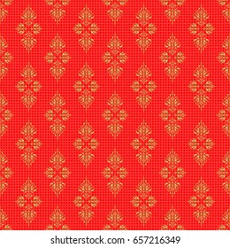 Hand drawn vector pattern for cards, invitation, wedding, wrapping paper. Seamless pattern of gold glitter stripes, zigzag chevron, wavy stripe, seamless texture golden lines on red.