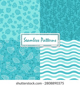 Hand drawn vector pattern collection. Seamless marine pattern with stylized corals, playful ocean themed on white background