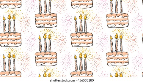 Hand drawn vector pattern of colorful birthday cake with candles in pastel colors.Isolated on white background.Happy birthday cake pattern.