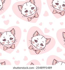 Hand drawn vector pattern with cute pink cat and hearts, kids design seamless print