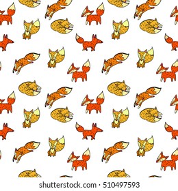 Hand drawn vector pattern with cute colorful foxes, could be used as a background, ornament, print or in any textile design for kids.