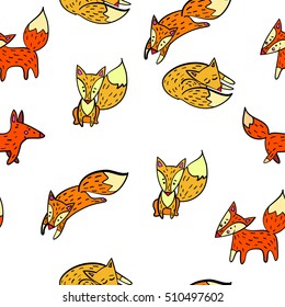 Hand drawn vector pattern with cute colorful foxes, could be used as a background, ornament, print or in any textile design for kids.