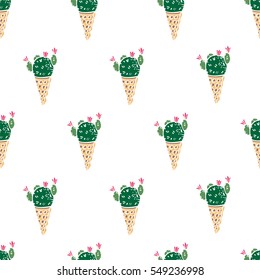 Hand drawn vector pattern with cute cactus and succulents like Sansevieria and various ice creams: vanilla scoop, popsicle, waffle cone. Ideal for textile print, background, blog design.
