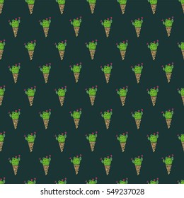 Hand drawn vector pattern with cute cactus and succulents like Sansevieria and various ice creams: vanilla scoop, popsicle, waffle cone. Ideal for textile print, background, blog design.
