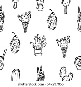 Hand drawn vector pattern with cute cactus and succulents like Sansevieria and various ice creams: vanilla scoop, popsicle, waffle cone. Ideal for textile print, background, blog design.

