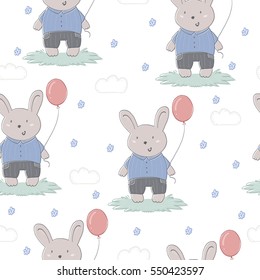 Hand drawn vector pattern with cute rabbit and balloon.