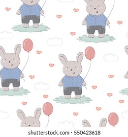 Hand drawn vector pattern with cute rabbit and balloon.