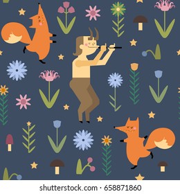 Hand drawn vector pattern with dancing foxes and faun in flat style. Beautiful seamless pattern with faun, foxes, flowers, mushrooms, berries for your design.