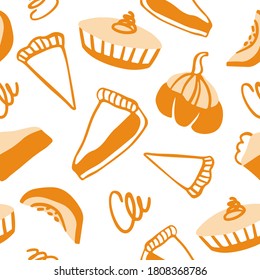 Hand drawn vector pattern of decorative pumpkins and pumpkin pies. Cartoon style background. Autumn harvesting. Pumpkin pies background.