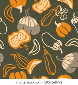 Hand drawn vector pattern of decorative pumpkins and squash. Cartoon style vegetables background. Autumn harvesting.