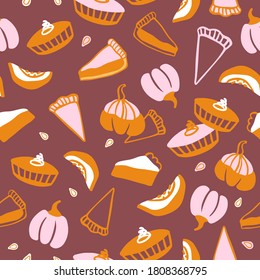 Hand drawn vector pattern of decorative pumpkins and pumpkin pies. Cartoon style background. Autumn harvesting. Pumpkin pies background.