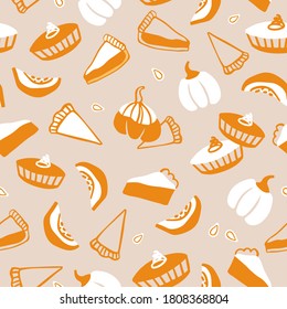 Hand drawn vector pattern of decorative pumpkins and pumpkin pies. Cartoon style background. Autumn harvesting. Pumpkin pies background.