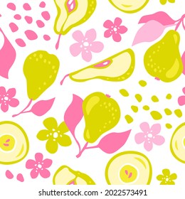 Hand drawn vector pattern of decorative pears. Pattern with fruits. For fabric, textile, and wallpaper design. Pear background
