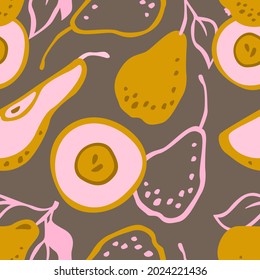 Hand drawn vector pattern of decorative pears. Pattern with fruits. For fabric, textile, and wallpaper design. Pear background.