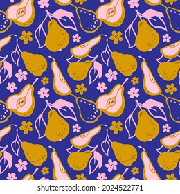 Hand drawn vector pattern of decorative pears. Pattern with fruits. For fabric, textile, and wallpaper design. Pear background.