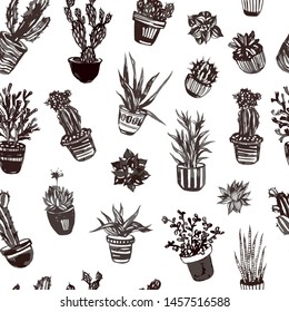 Hand drawn vector pattern of different types of succulents.
Seamless vector botanical background. Cacti illustration.