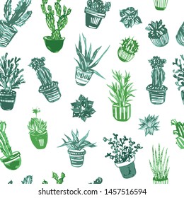 Hand drawn vector pattern of different types of succulents.
Seamless vector botanical background. Cacti illustration.
