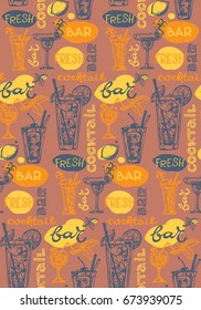 Hand drawn vector pattern with different cocktails. Vector background.