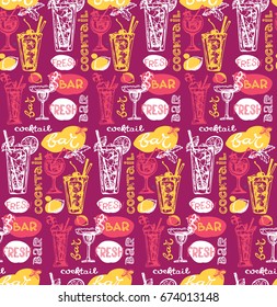 Hand drawn vector pattern with different cocktails. Vector background.