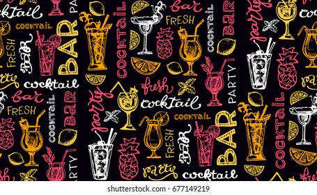 Hand drawn vector pattern with different cocktails. Vector background.