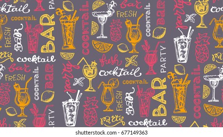 Hand drawn vector pattern with different cocktails. Vector background.