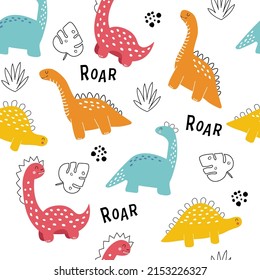 Hand drawn vector pattern with dino. Seamless pattern with dinosaurs, roar lettering, tropical leaves and bushes in doodle style. Children's wallpaper, print on clothes.