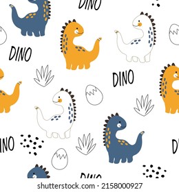 Patrón vector dibujado a mano con dino. Patrón incomparable con dinosaurios, inscripciones de dino, huevos y arbustos tropicales en forma de doodle. Papel tapiz para niños, impreso en ropa.