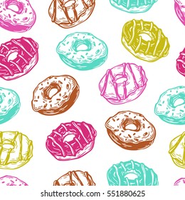 Hand drawn vector pattern with donuts. Vector donuts. Outline, ink. Vector pattern for kitchen, cafe and menu.