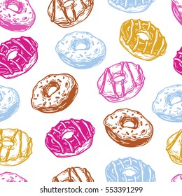 Hand drawn vector pattern with donuts. Vector donuts. Outline, ink. Vector pattern for kitchen, cafe and menu.