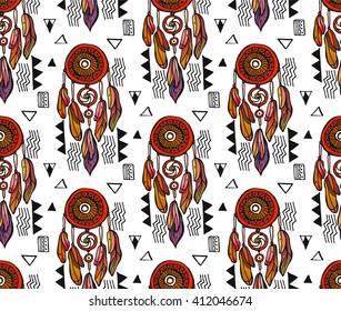 Hand drawn vector pattern of  dreamcatcher in aztec ,boho and tribal  style on white background. Pattern is seamless.Dreamcatcher with hipster geometric figures.