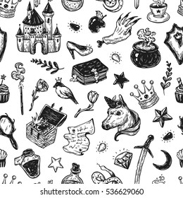 Hand drawn vector pattern with elements from fairy tale. Fantasy, magic elements. Castle, unicorn, potions.