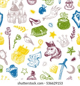 Hand drawn vector pattern with elements from fairy tale. Fantasy, magic elements. Castle, unicorn, potions.