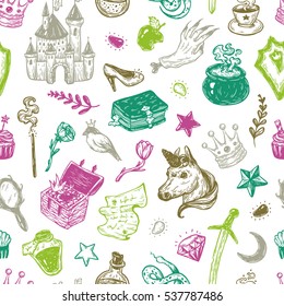 Hand drawn vector pattern with elements from fairy tale. Fantasy, magic elements. Castle, unicorn, potions.