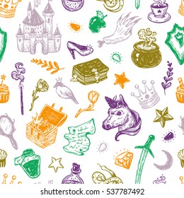Hand drawn vector pattern with elements from fairy tale. Fantasy, magic elements. Castle, unicorn, potions.