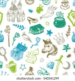 Hand drawn vector pattern and elements from fairy tale  Fantasy  magic elements  Castle  unicorn  potions 